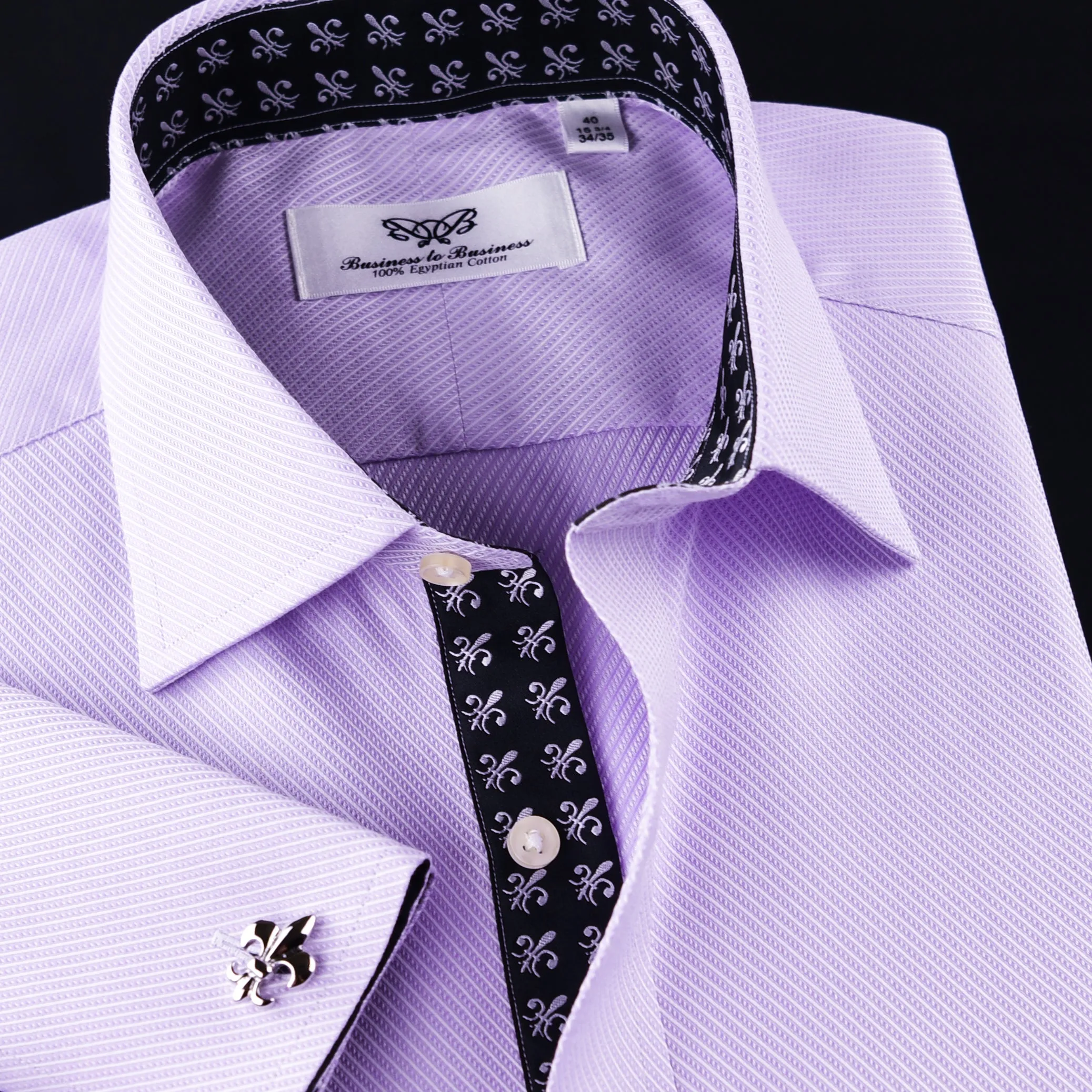 Designed Lilac Twill With Black Fleur-De-Lis Inner Lining Formal Dress Shirt