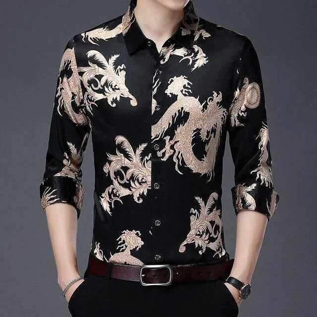 Dragon Print Men's Satin Silk Shirt