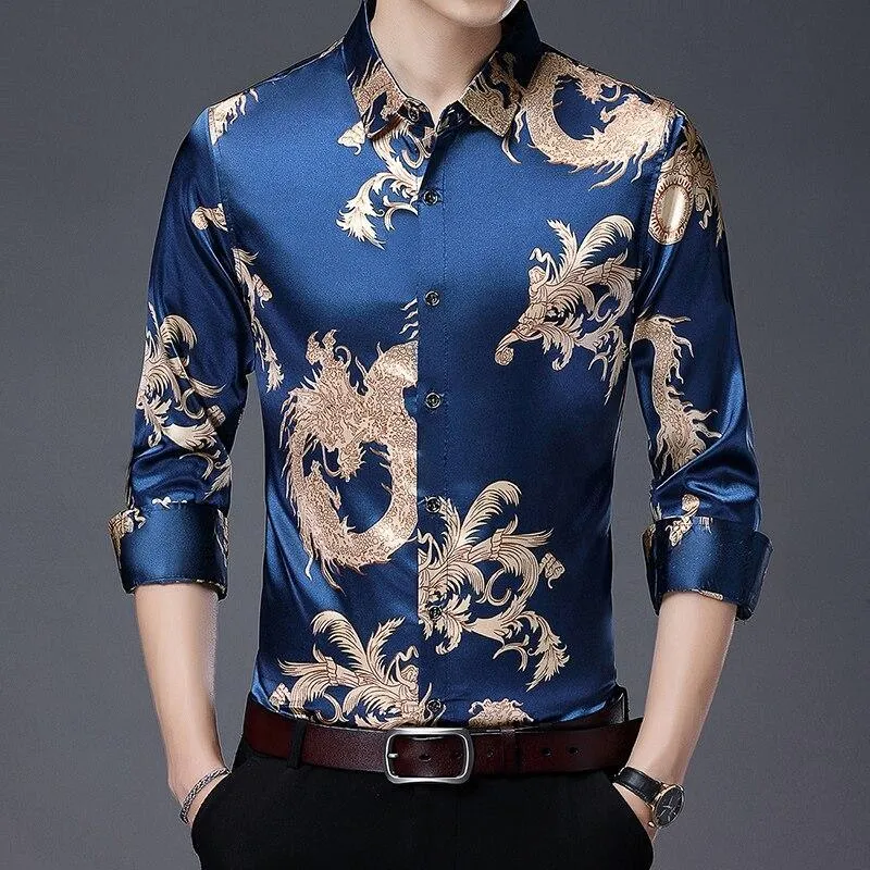 Dragon Print Men's Satin Silk Shirt