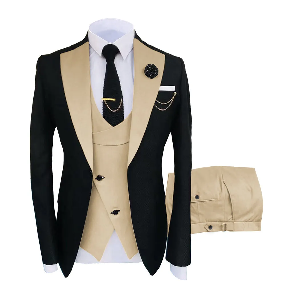 Fashion Men's Suits Slim Fit 3 Pieces Notch Lapel Tuxedos (Black Blazer Vest  Pant)