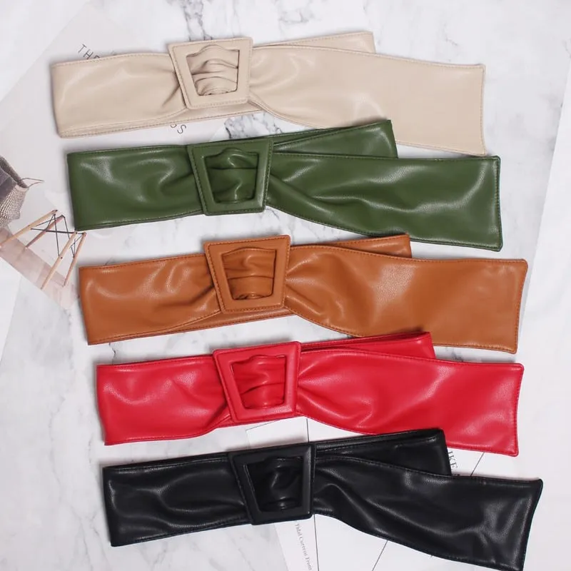 Faux Leather Trapezoid Buckle Long Belt - 5 Colors