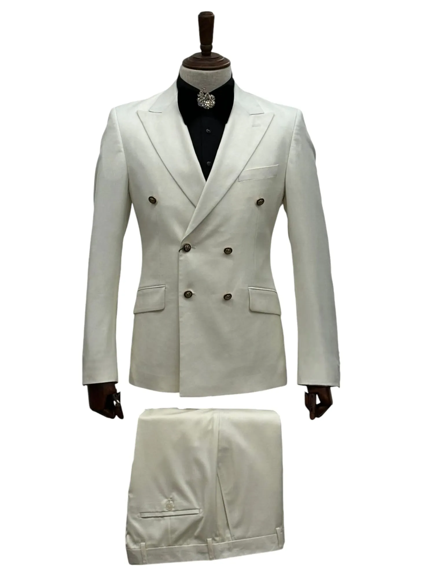 Giovanni Testi Double Breasted Sharkskin Slim Fit Suit GT6DB-1501 IVORY