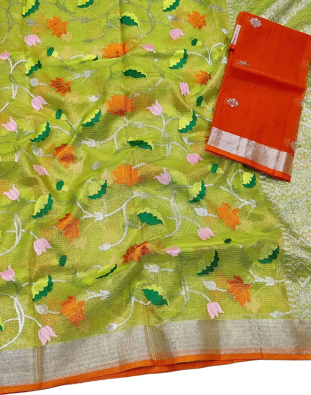 Green And Orange Kota Doria Handloom Real Zari Tissue Saree