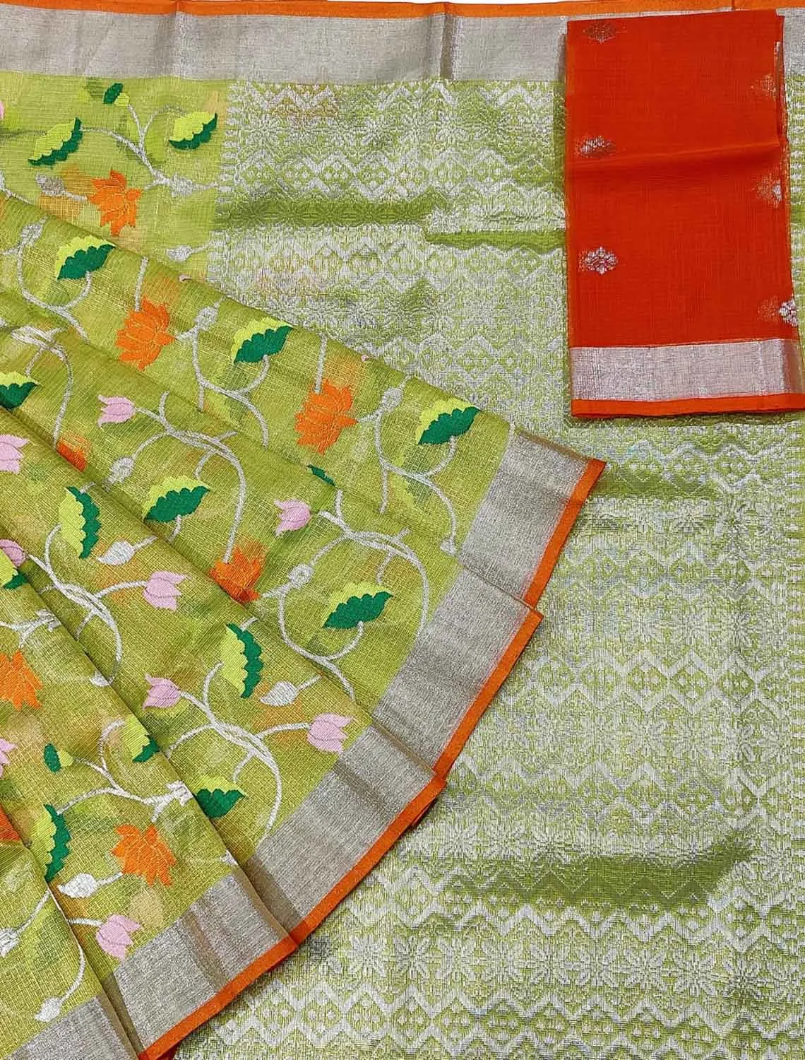 Green And Orange Kota Doria Handloom Real Zari Tissue Saree