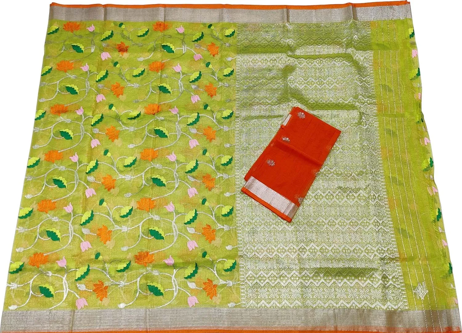 Green And Orange Kota Doria Handloom Real Zari Tissue Saree