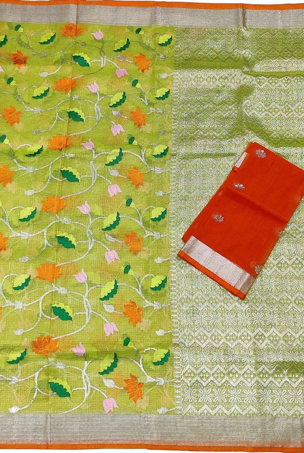 Green And Orange Kota Doria Handloom Real Zari Tissue Saree