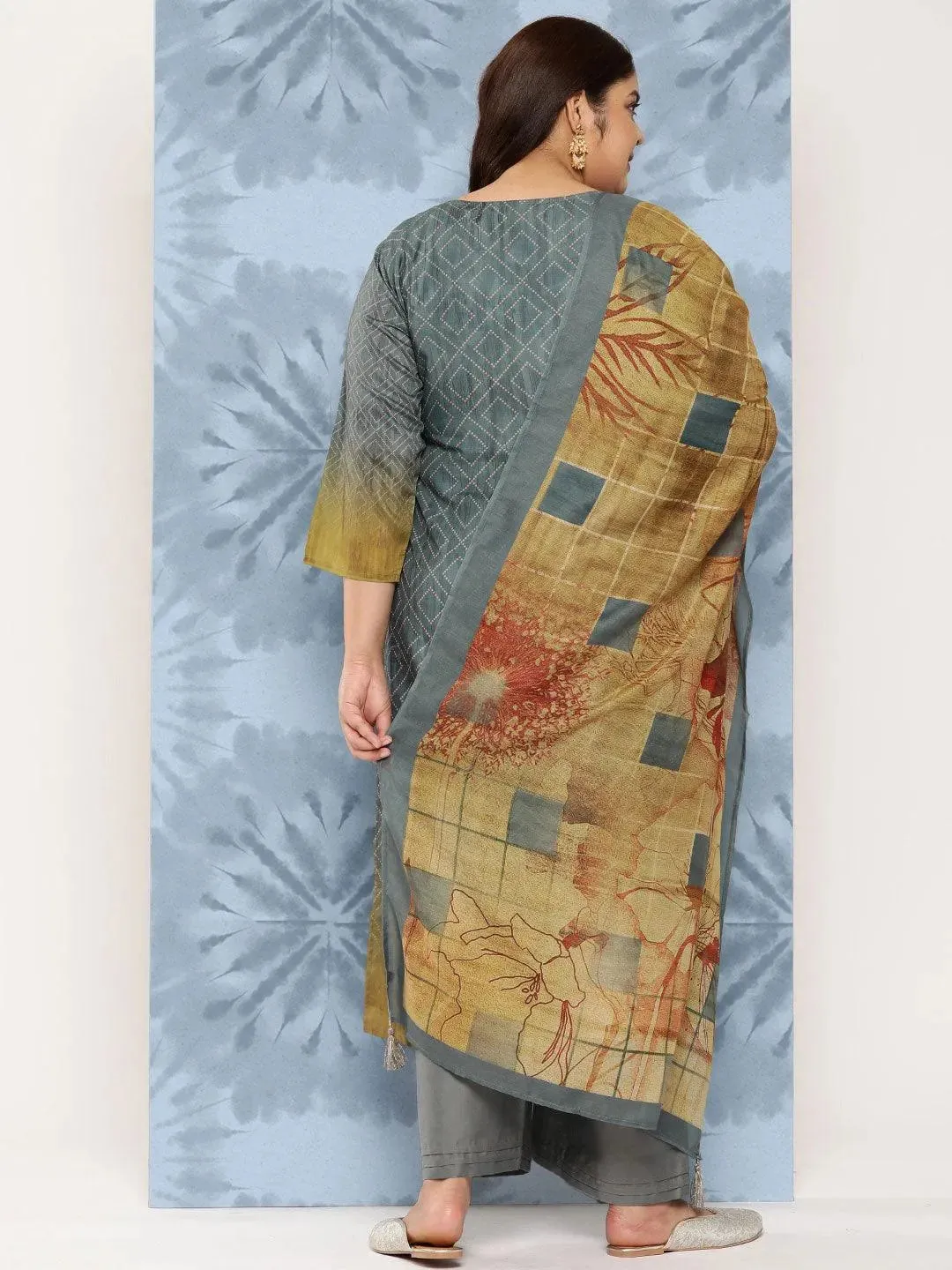 Grey Embroidered Silk Blend Straight Kurta With Trousers and Dupatta