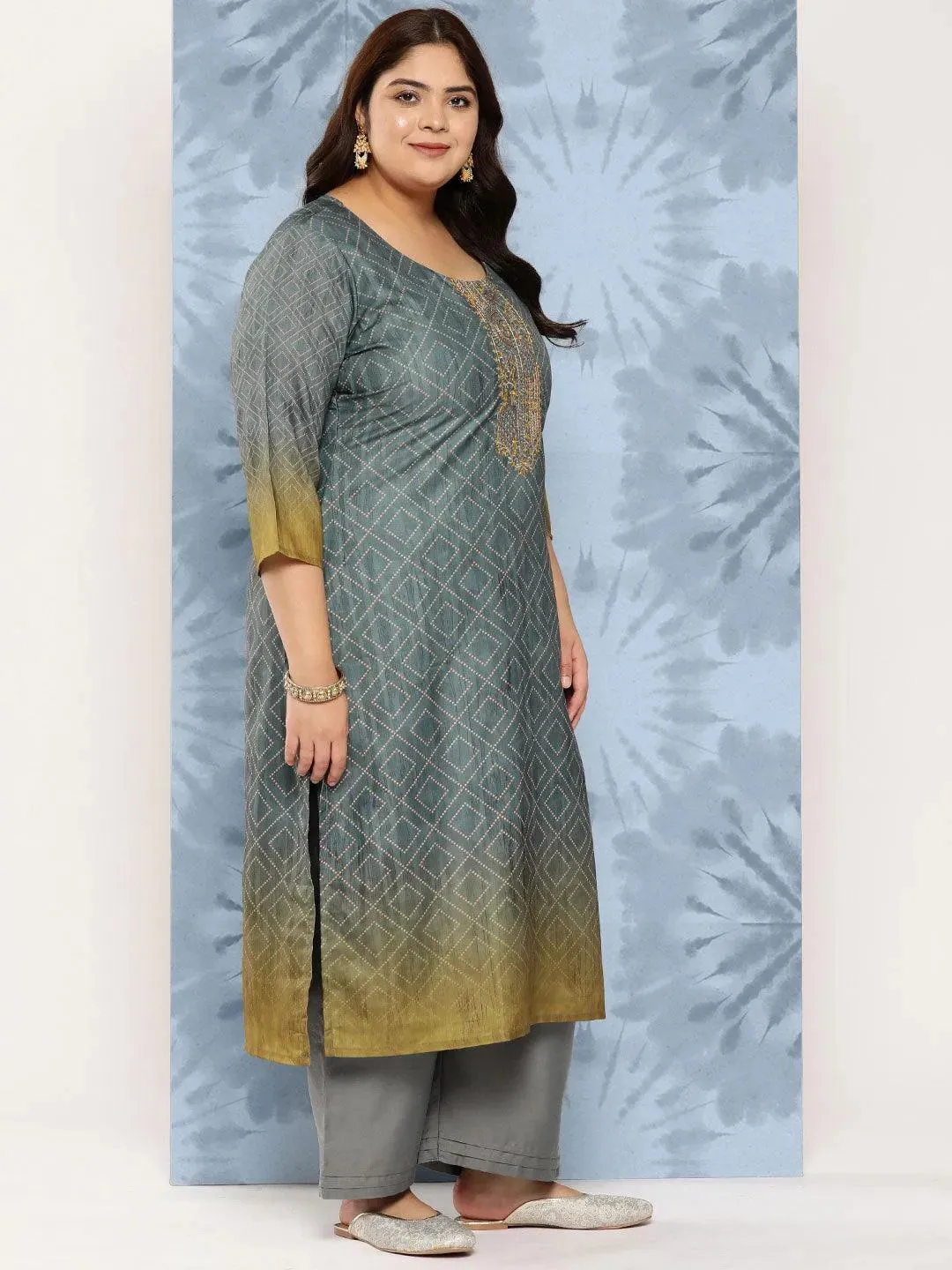 Grey Embroidered Silk Blend Straight Kurta With Trousers and Dupatta