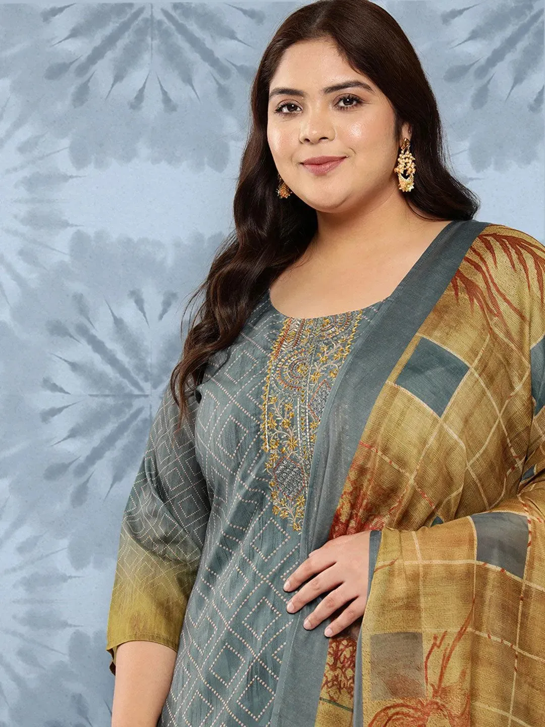 Grey Embroidered Silk Blend Straight Kurta With Trousers and Dupatta