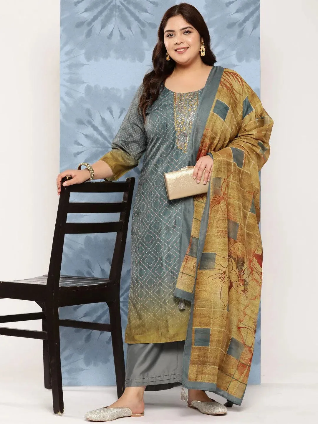 Grey Embroidered Silk Blend Straight Kurta With Trousers and Dupatta