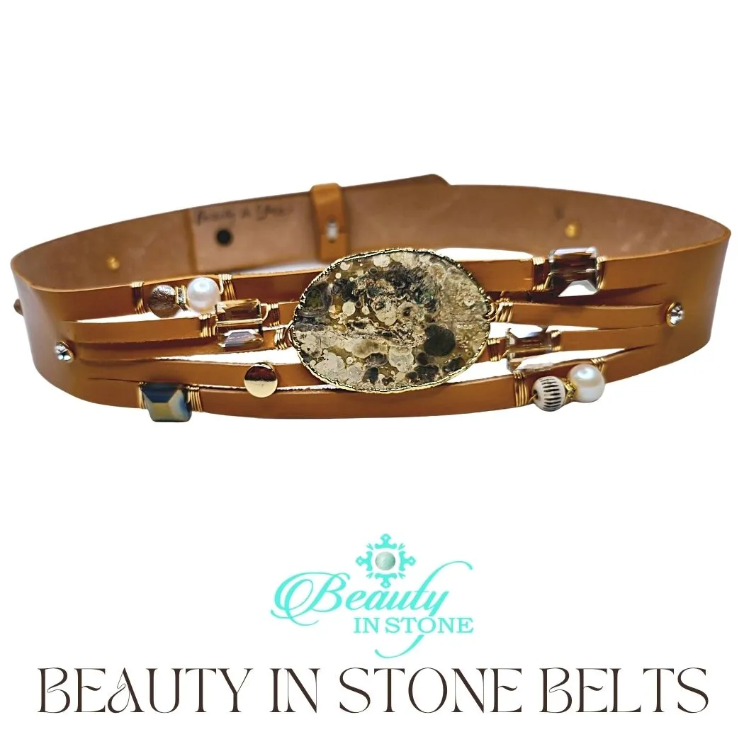 Handmade Leather Belt With Rhinestones, Gemstone, Mushroom Jasper