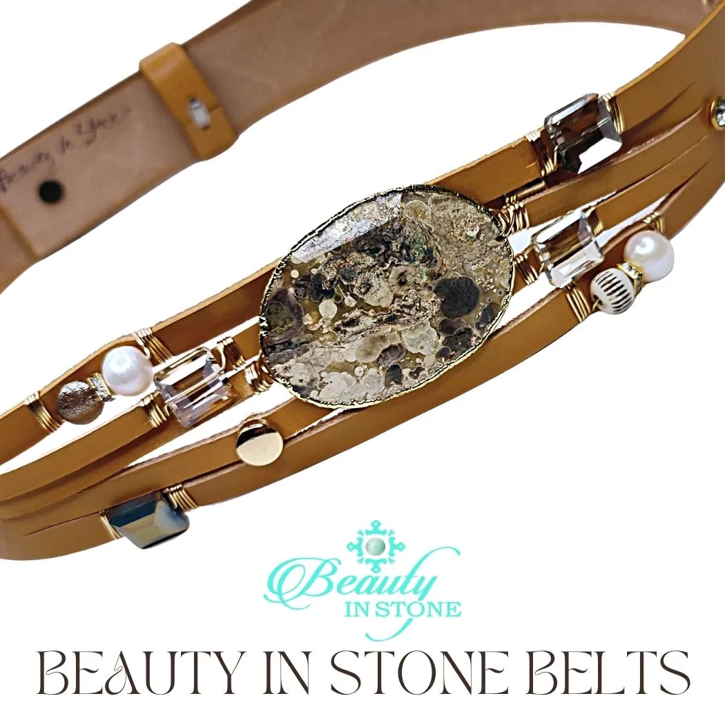 Handmade Leather Belt With Rhinestones, Gemstone, Mushroom Jasper