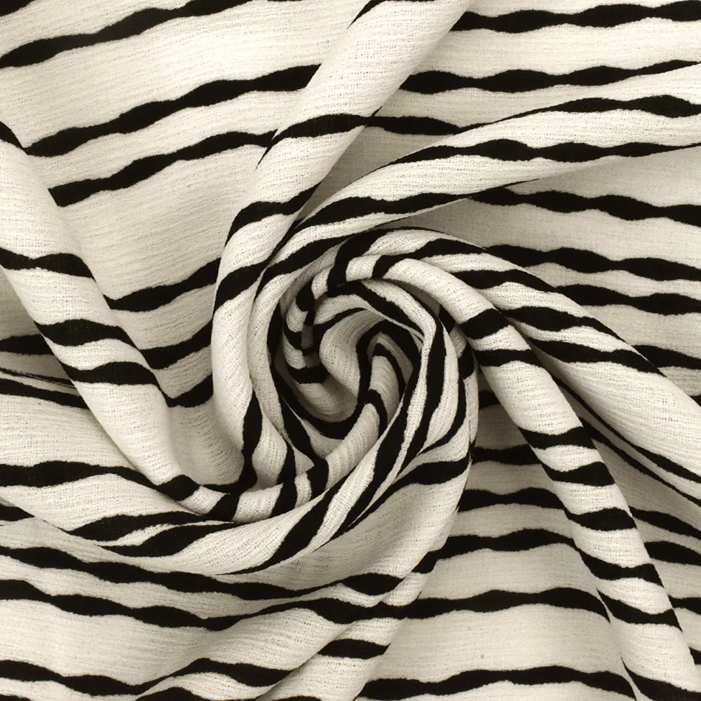 Ivory-Black Bump Stripe Printed Striated Texture Crepe Fabric