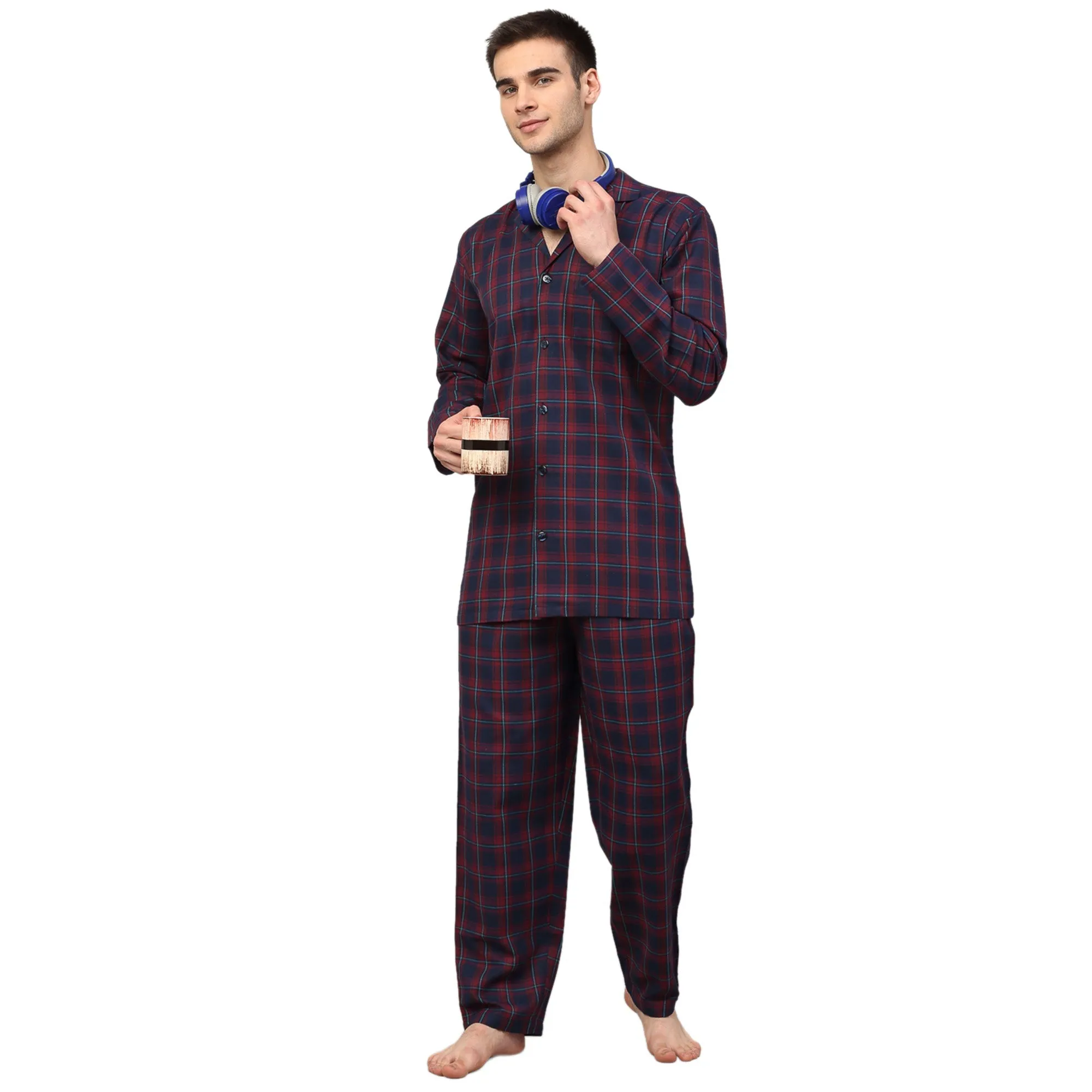 Jashvi Men's Blue Checked Night Suits