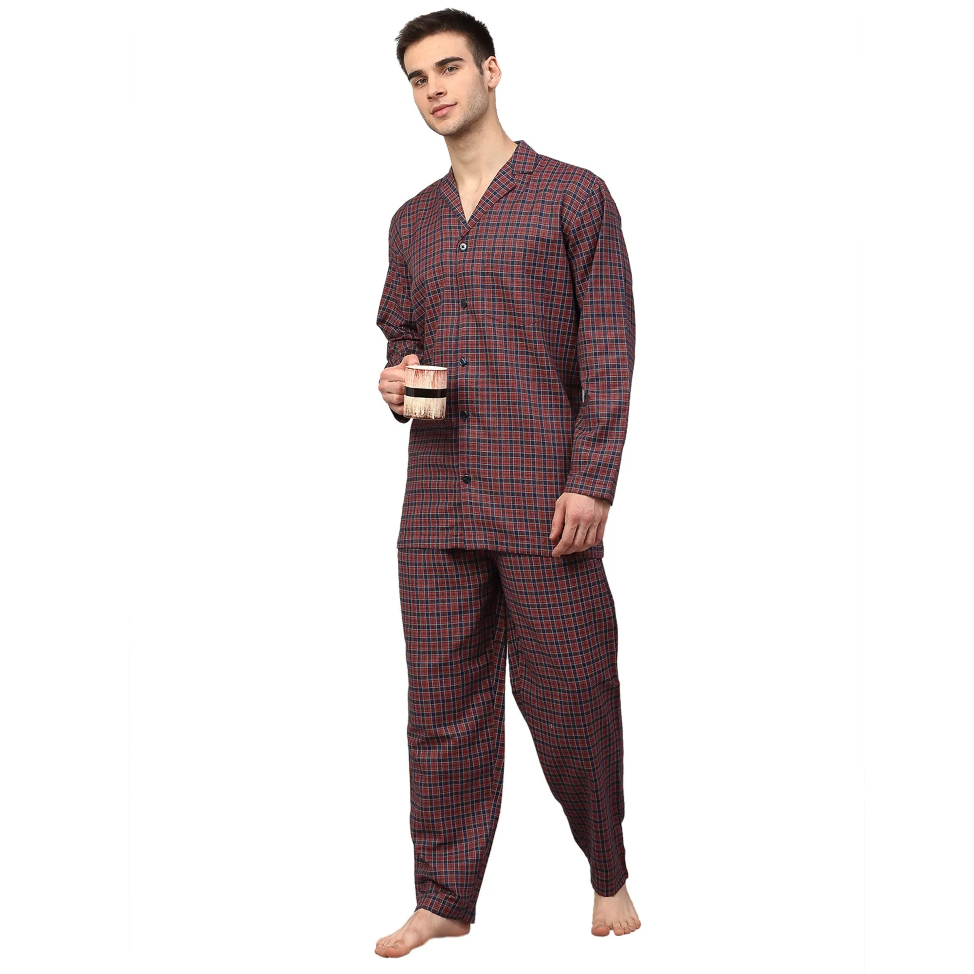 Jashvi Men's Maroon Checked Night Suits