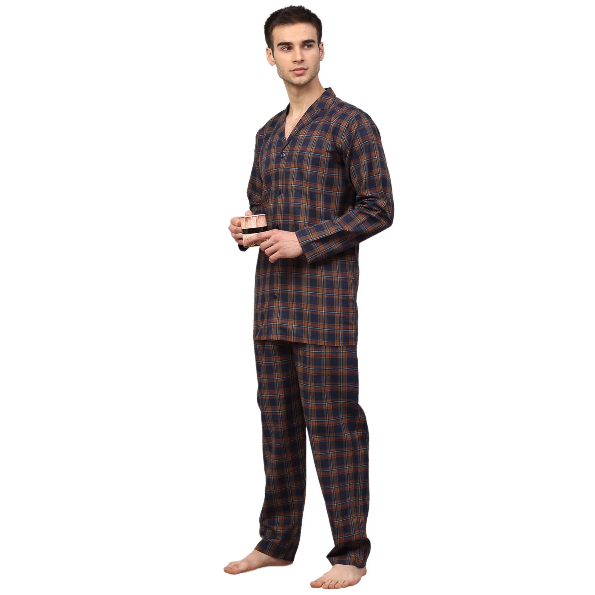 Jashvi Men's Orange Checked Night Suits