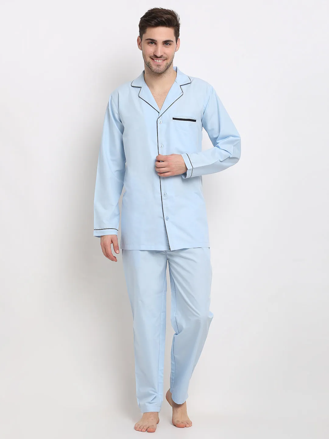 Jashvi Men's Sky Cotton Solid Night Suits