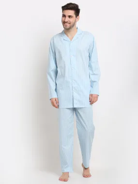 Jashvi Men's Sky Cotton Striped Night Suits