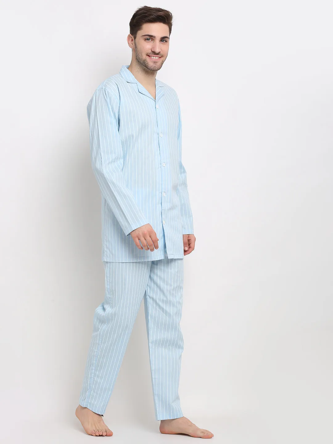 Jashvi Men's Sky Cotton Striped Night Suits