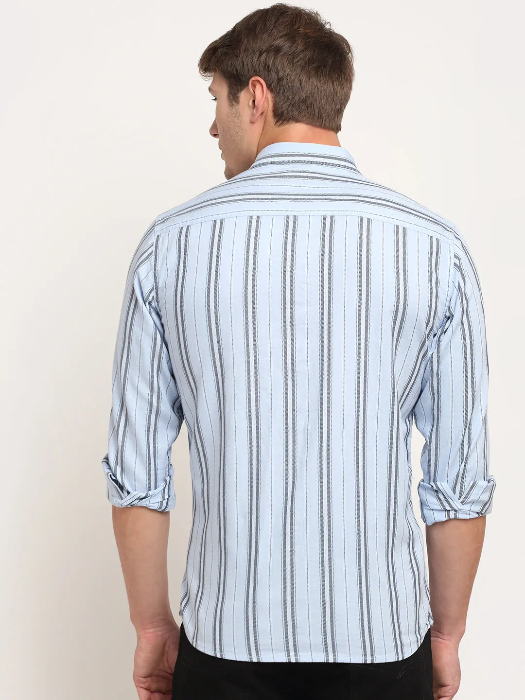 Men Cotton Striped Sky Blue Full Sleeve Casual Shirt for Men with Pocket