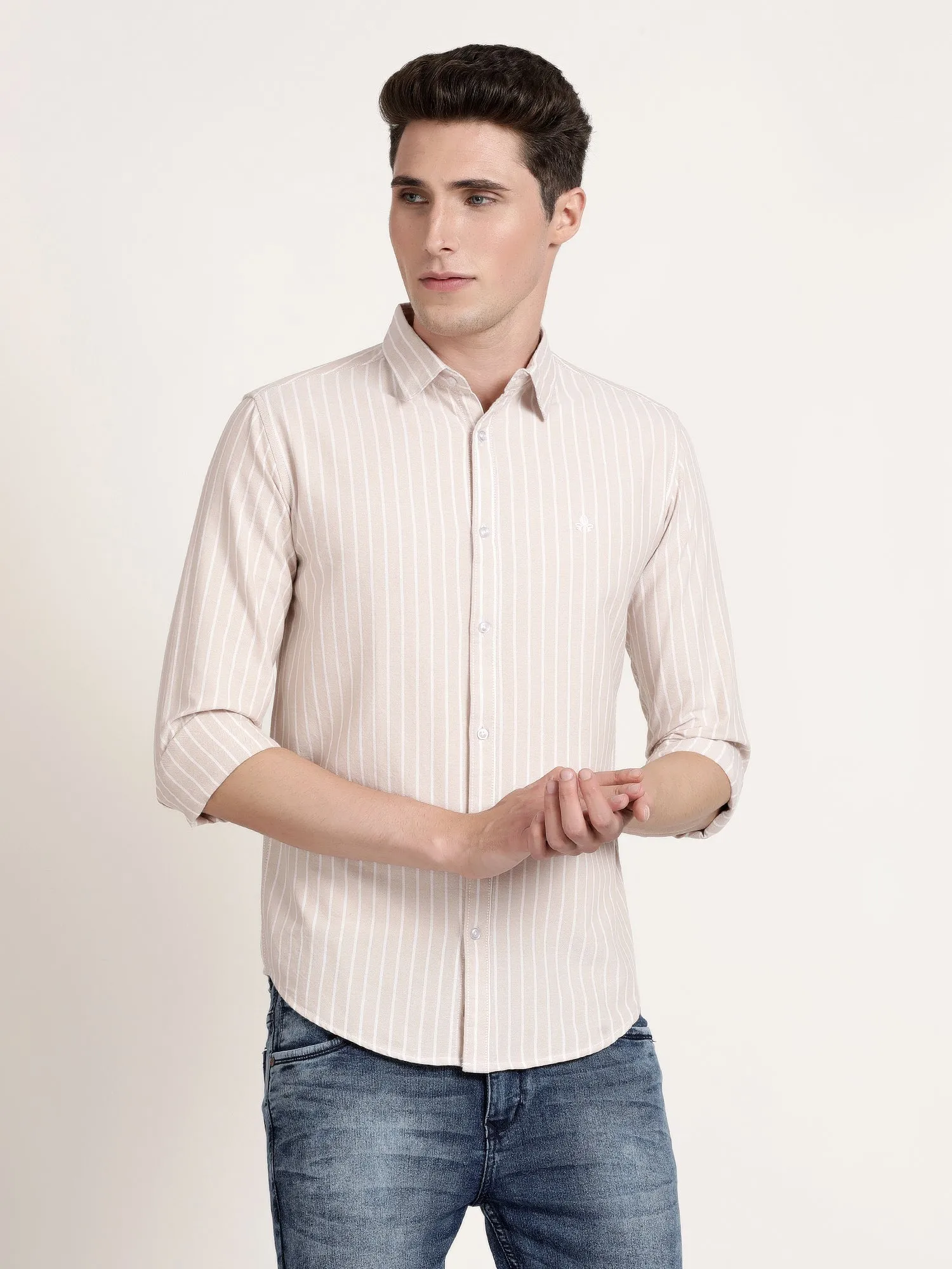 Men Off White Striped Semi Formal Shirt (GBRJ6008)