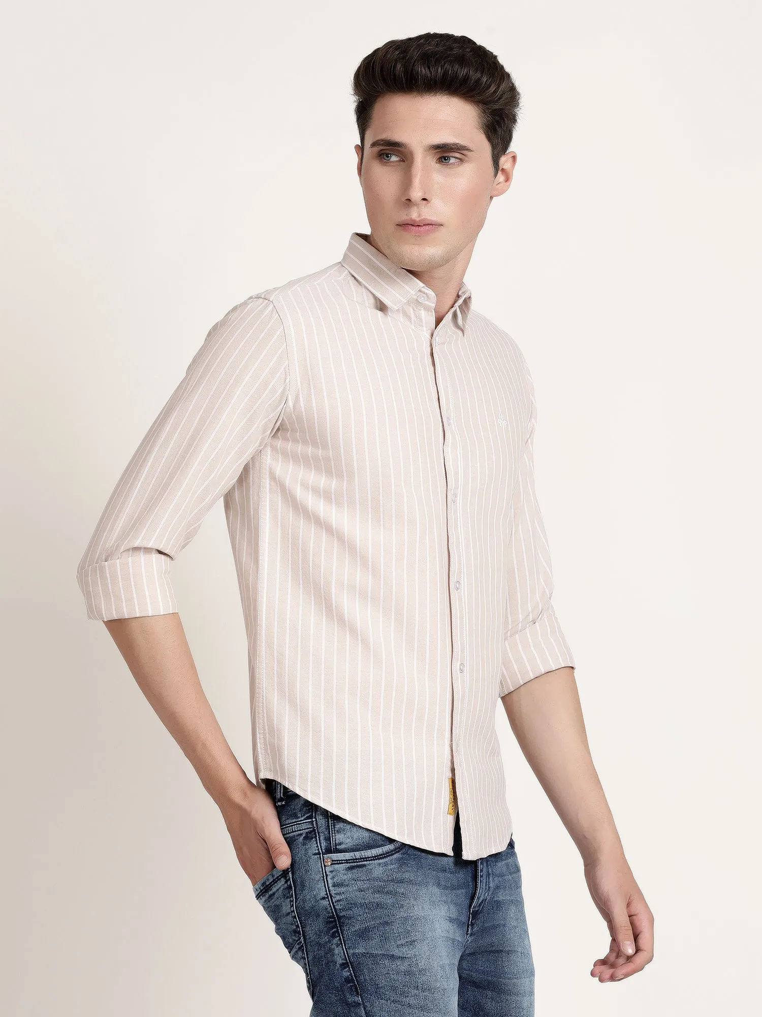 Men Off White Striped Semi Formal Shirt (GBRJ6008)