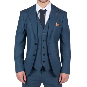 Mens 3 Piece Prince Of Wales Check Suit Blue Classic Light Tailored Fit Modern