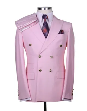 Mens Designer Modern Fit Double Breasted Wool Suit with Gold Buttons in Pink