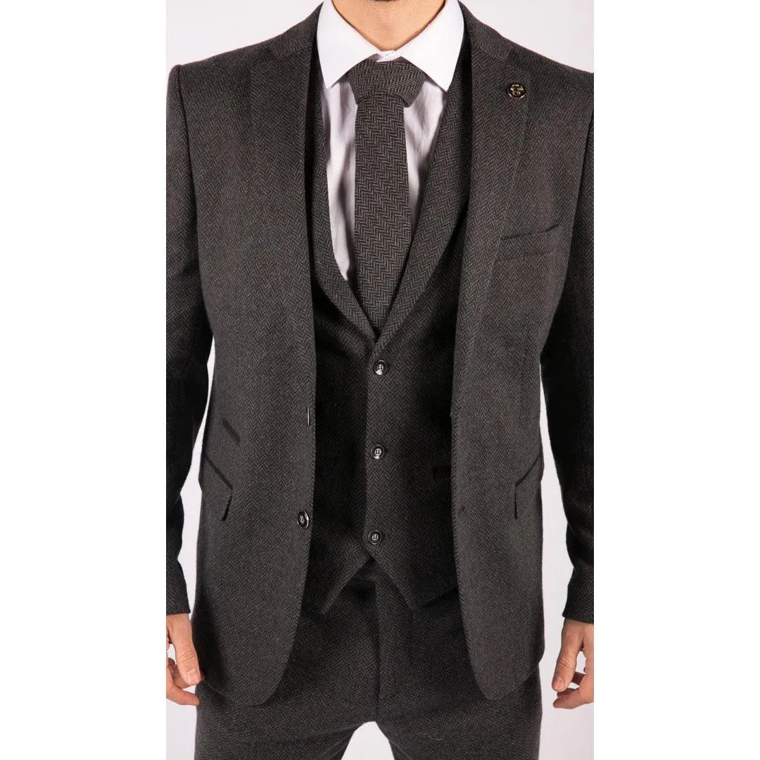 Mens Grey Black 3 Piece Tweed Suit Herringbone Wool Vintage Retro