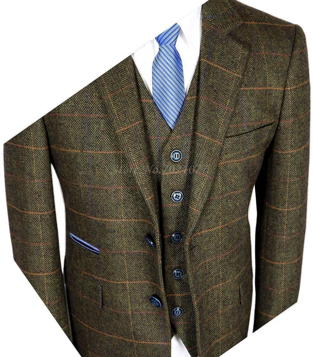 Men's Suit Slim Fit Tweed Suits Wool Brown