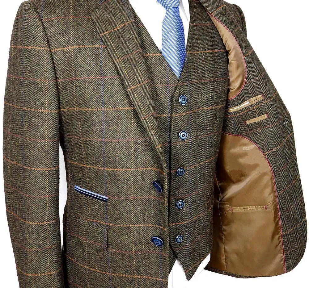 Men's Suit Slim Fit Tweed Suits Wool Brown