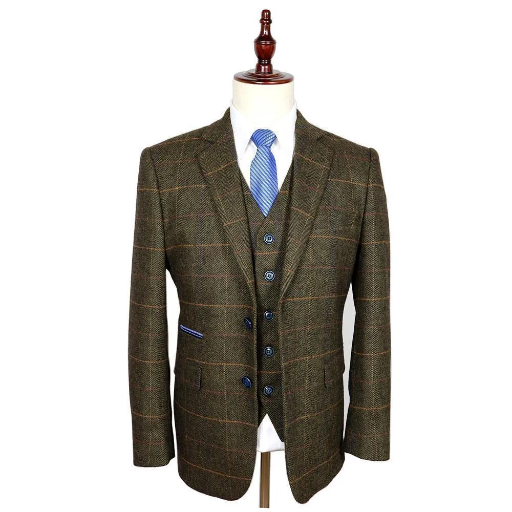 Men's Suit Slim Fit Tweed Suits Wool Brown