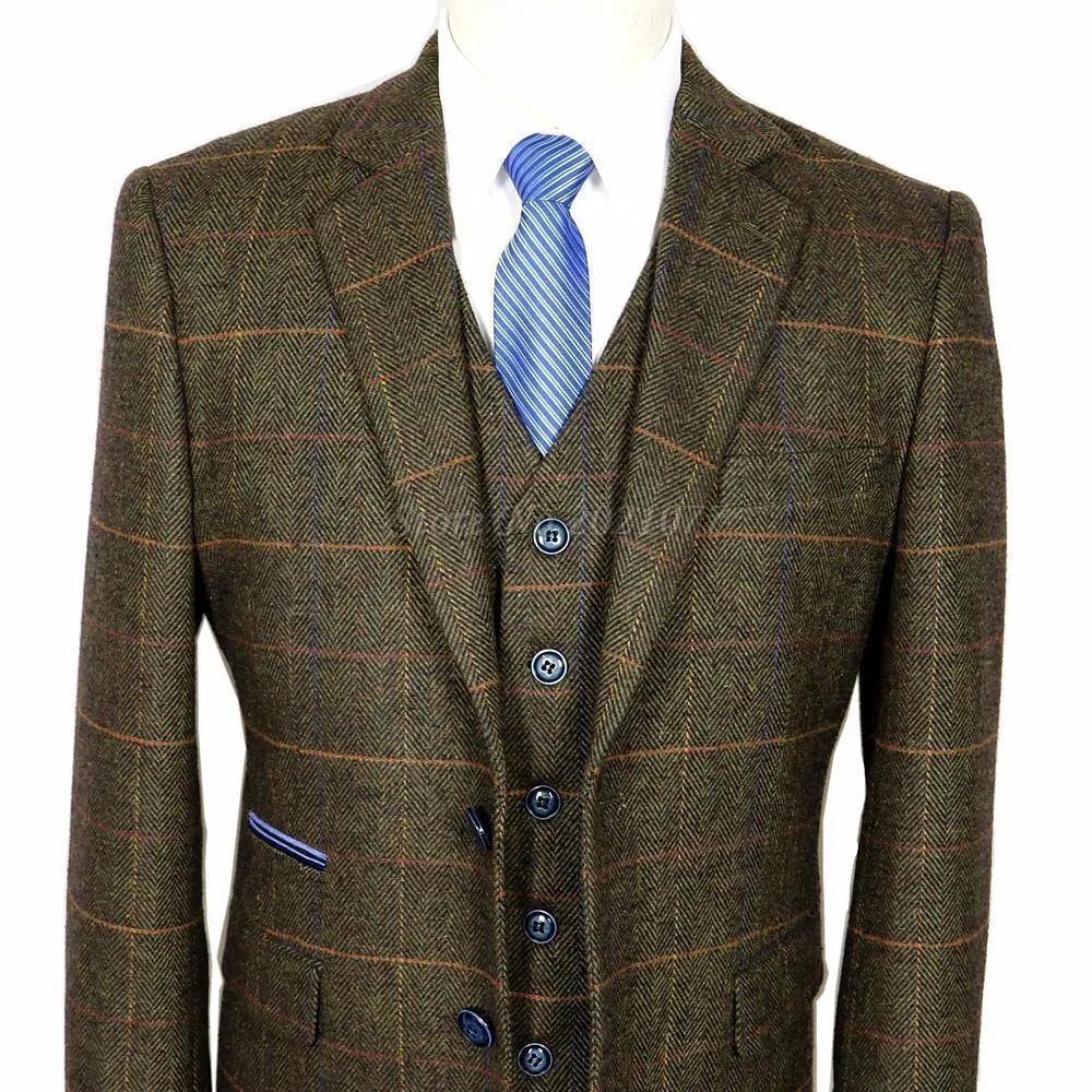 Men's Suit Slim Fit Tweed Suits Wool Brown