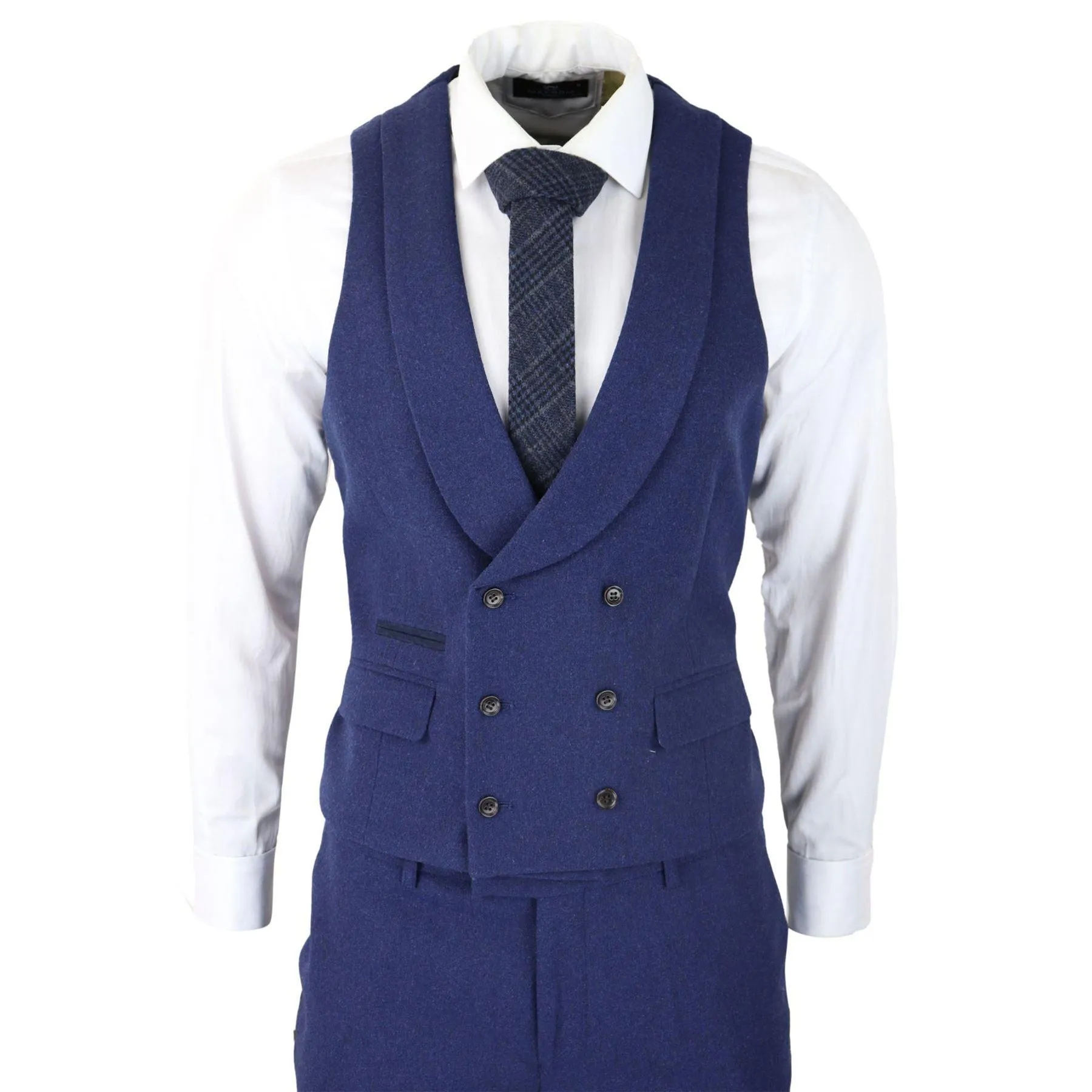 Mens Wool 3 Piece Blue Suit Double Breasted Waistcoat Wedding Party Vintage 1920s