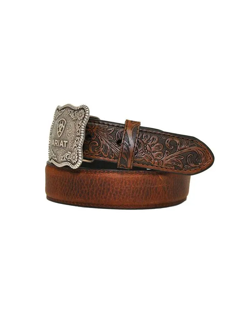 MF Western Ariat Boys Shield Logo Distressed Hand Tooled Leather Belt Style A1301002