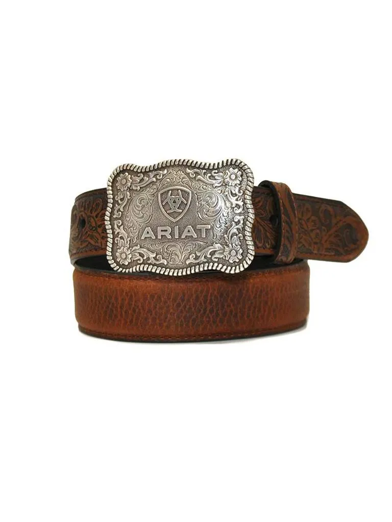 MF Western Ariat Boys Shield Logo Distressed Hand Tooled Leather Belt Style A1301002