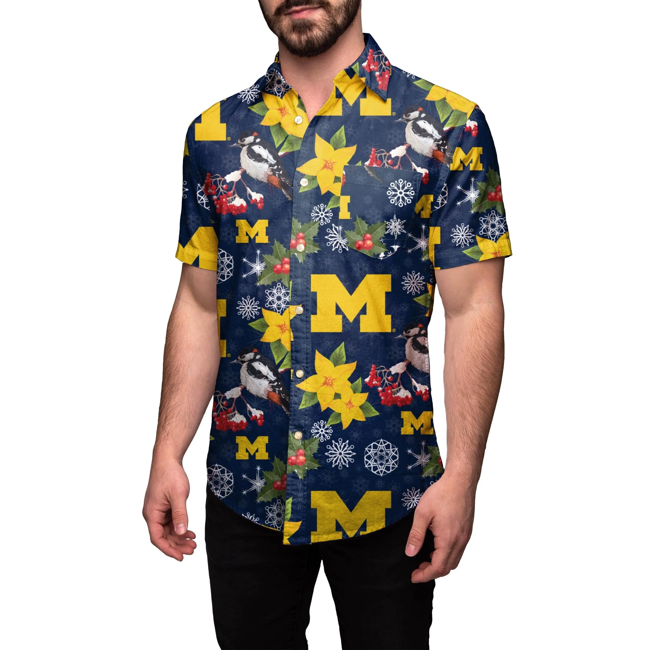 Michigan Wolverines NCAA Mens Mistletoe Button Up Shirt