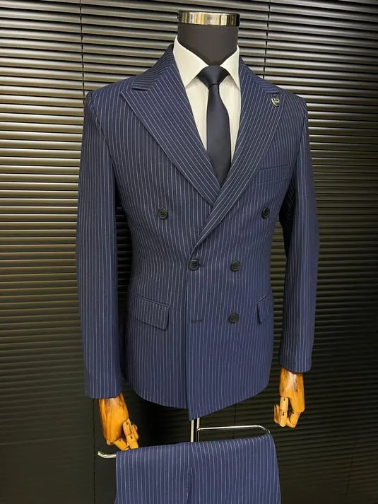 Navy Blue Striped Bone Button Double-Breasted Slimfit Suit SCB-202