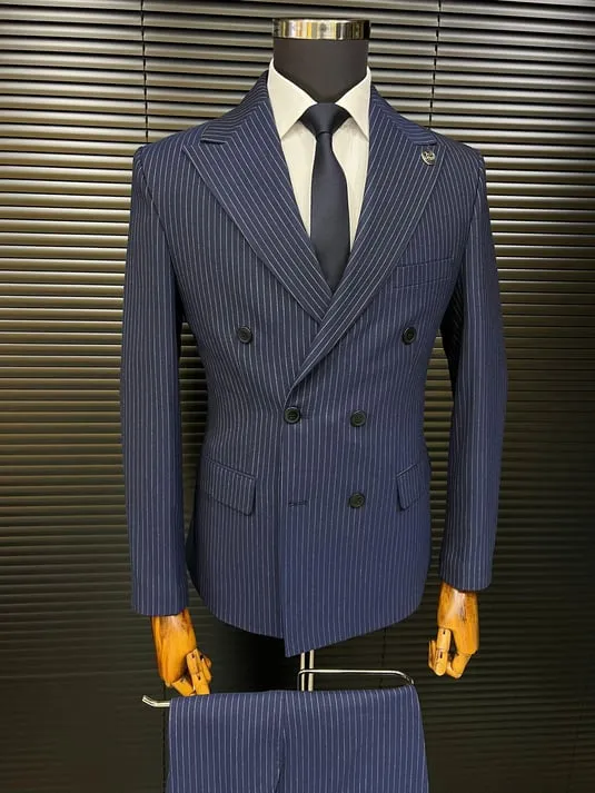 Navy Blue Striped Bone Button Double-Breasted Slimfit Suit SCB-202