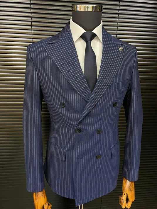 Navy Blue Striped Bone Button Double-Breasted Slimfit Suit SCB-202