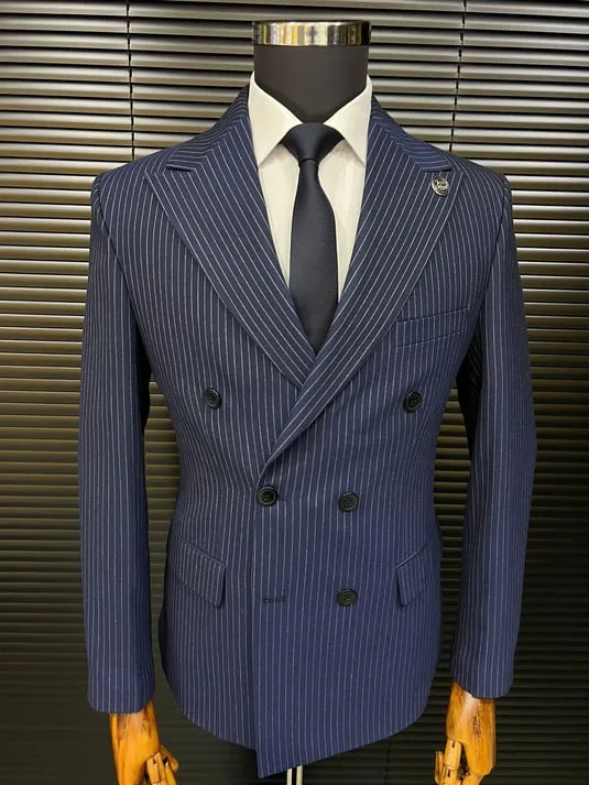 Navy Blue Striped Bone Button Double-Breasted Slimfit Suit SCB-202