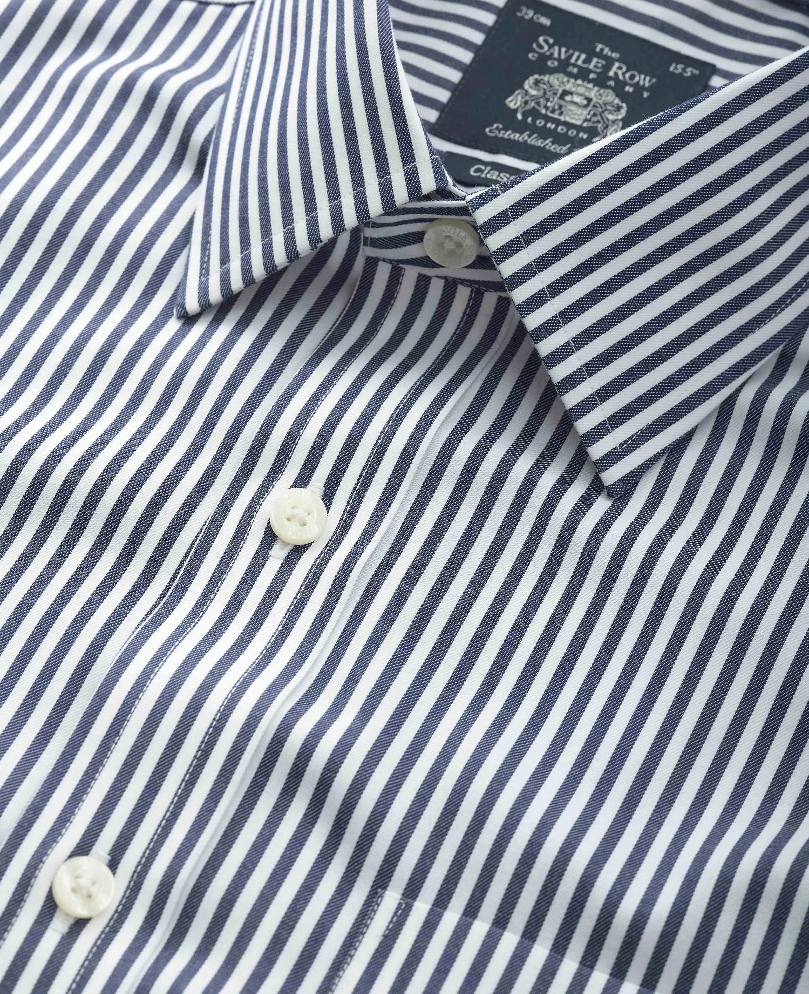 Navy White Stripe Classic Fit Non-Iron Formal Shirt - Single Cuff