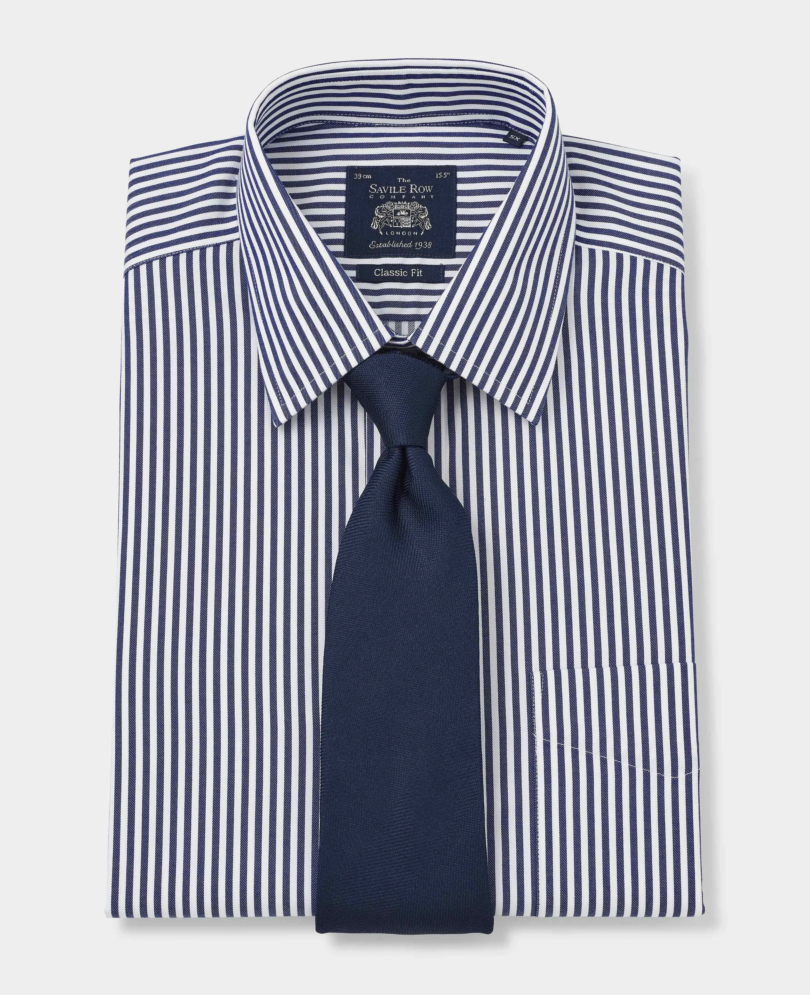 Navy White Stripe Classic Fit Non-Iron Formal Shirt - Single Cuff