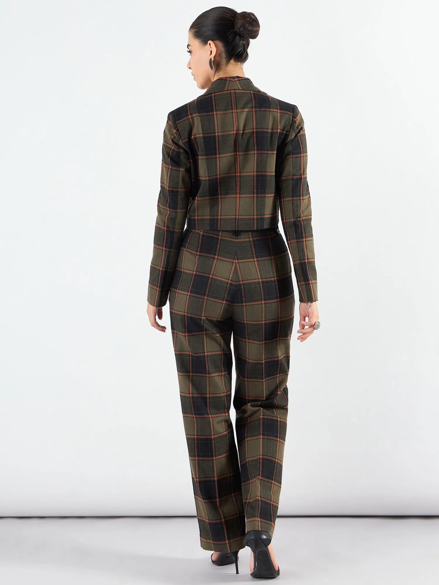 Notched Lapel Checkered Warm Crop Blazer With Trouser