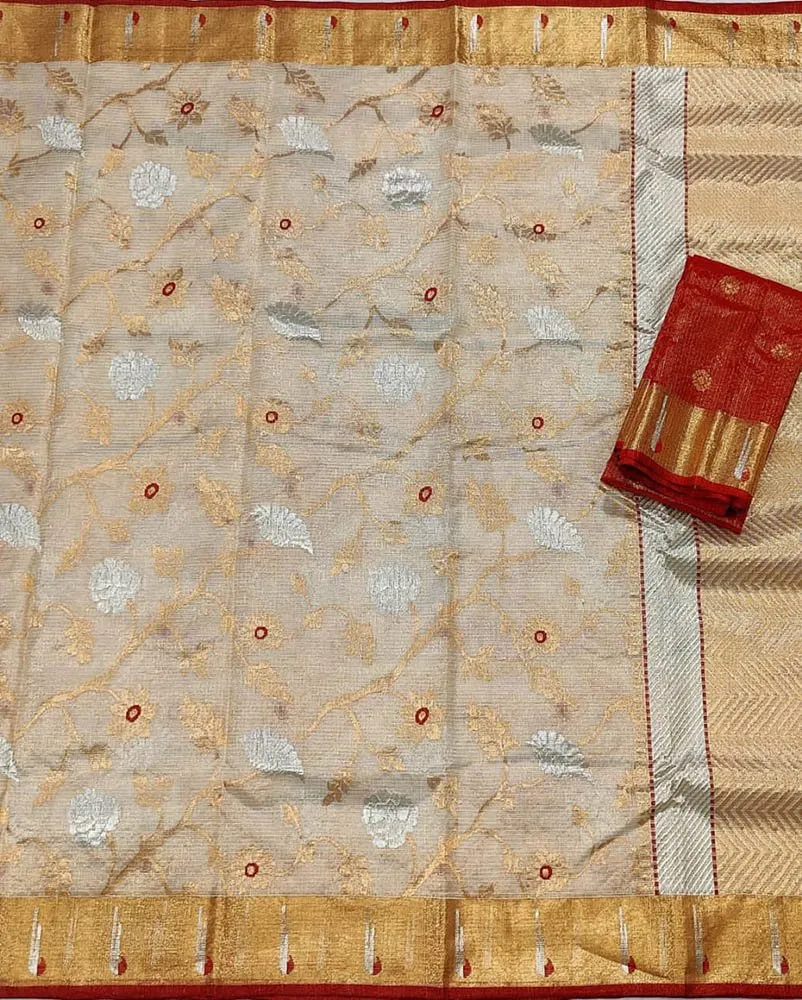 Pastel Handloom Kota Doria Real Zari Flower Design Saree