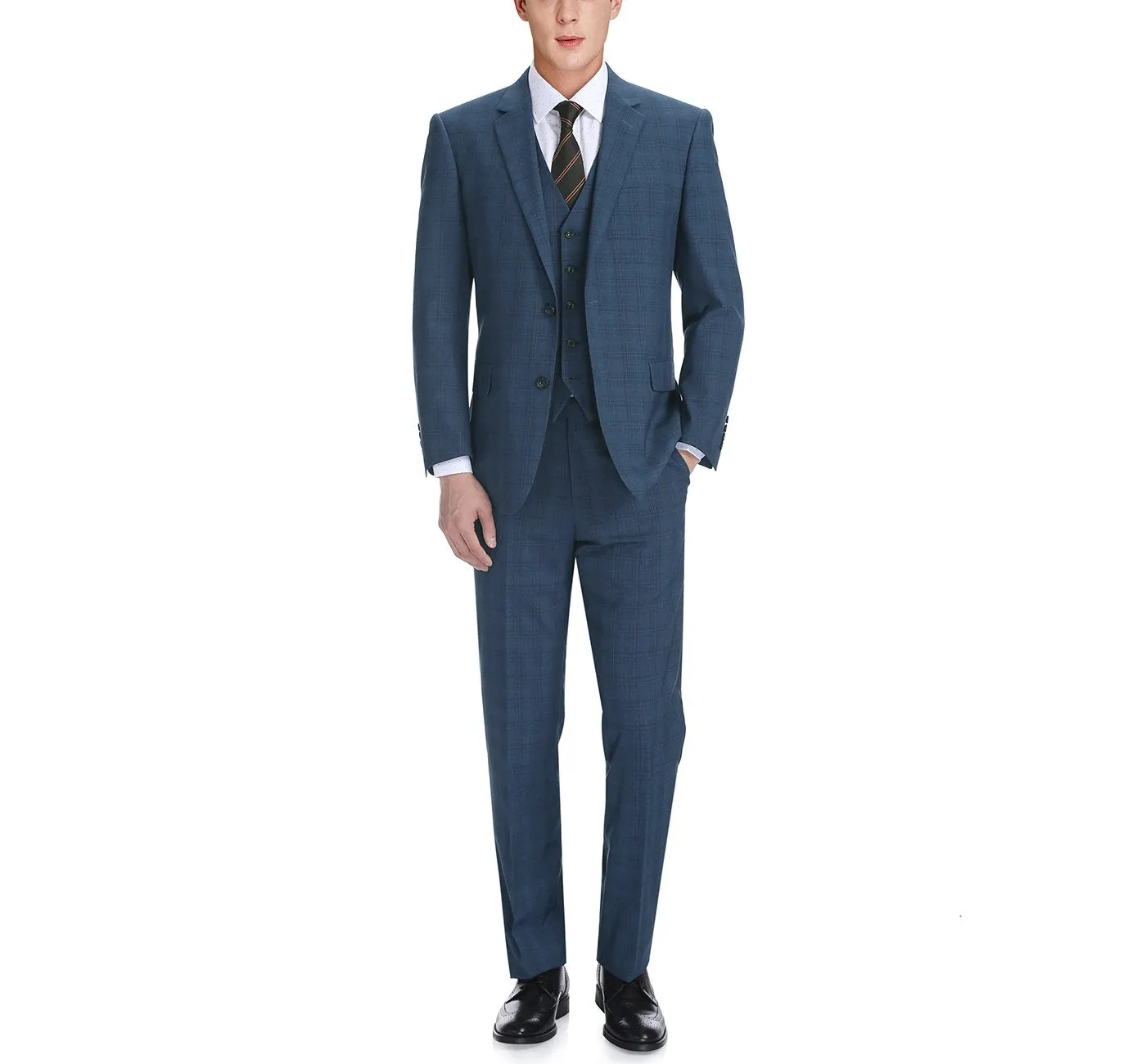 Performance 3-Piece CLASSIC FIT Suit in Blue Windowpane Check (Short, Regular, and Long Available) by Renoir