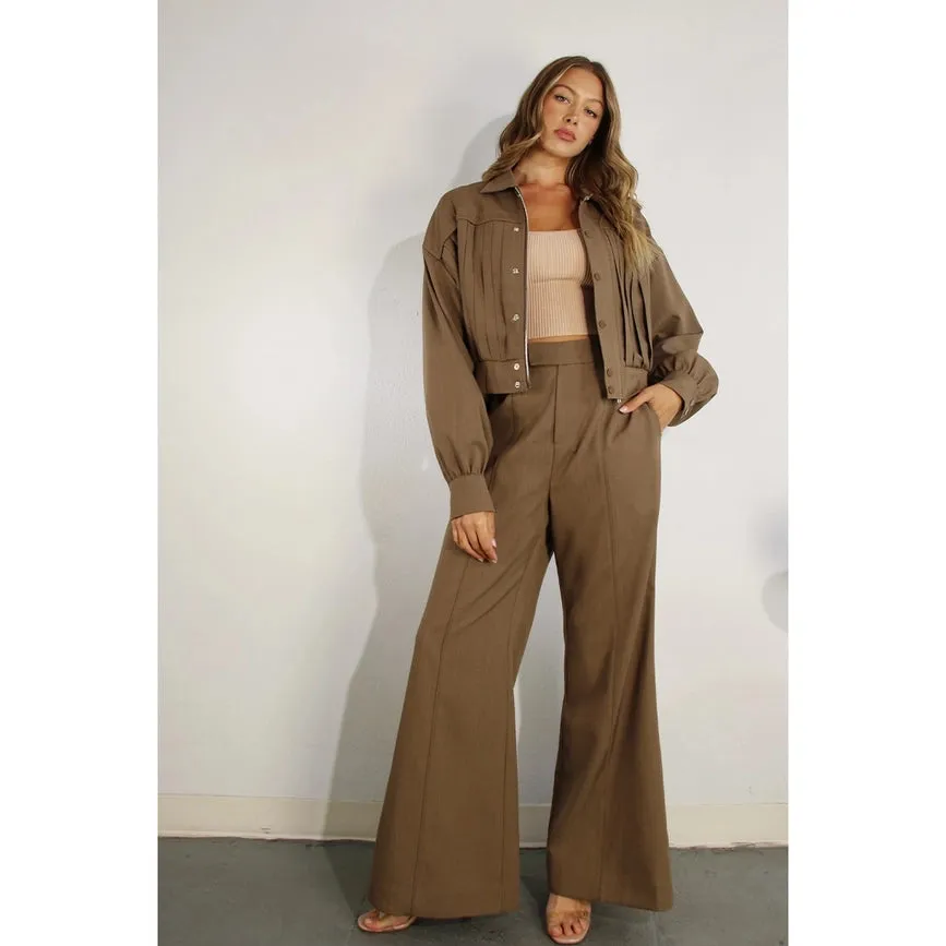 Pleated Crop Jacket and Pants Set CHOCOLATE BROWN