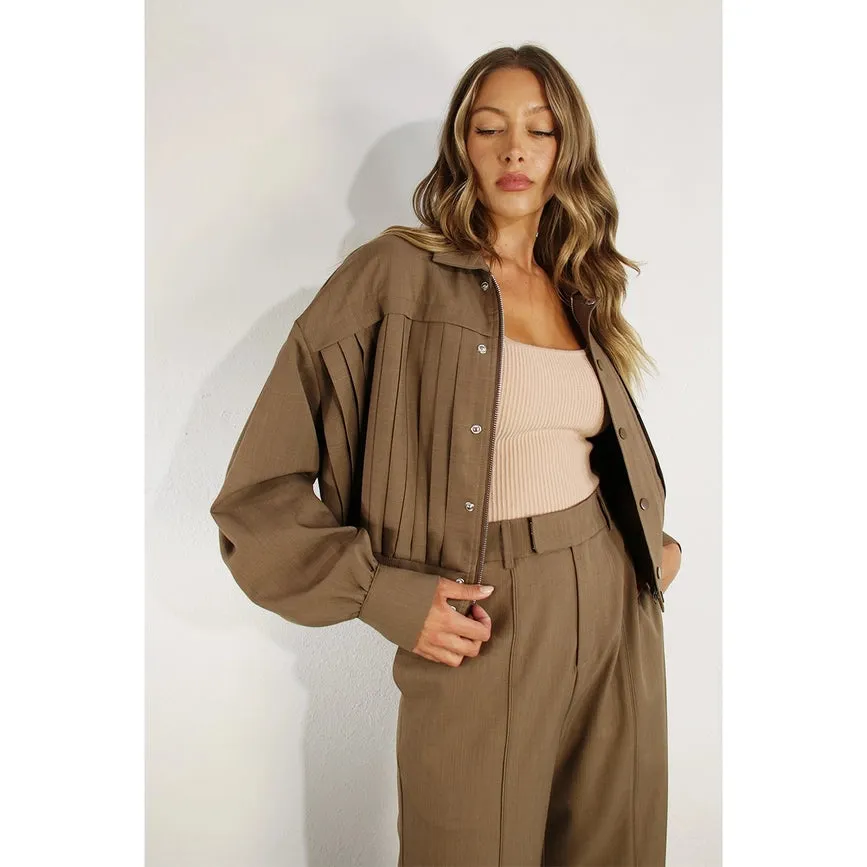 Pleated Crop Jacket and Pants Set CHOCOLATE BROWN