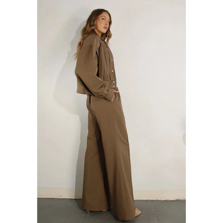 Pleated Crop Jacket and Pants Set CHOCOLATE BROWN