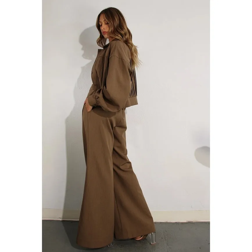 Pleated Crop Jacket and Pants Set CHOCOLATE BROWN